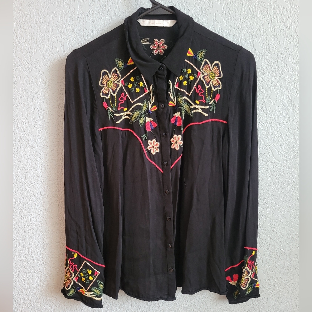 Zara Black Floral Embroidered Shirt Trafaluc Collection